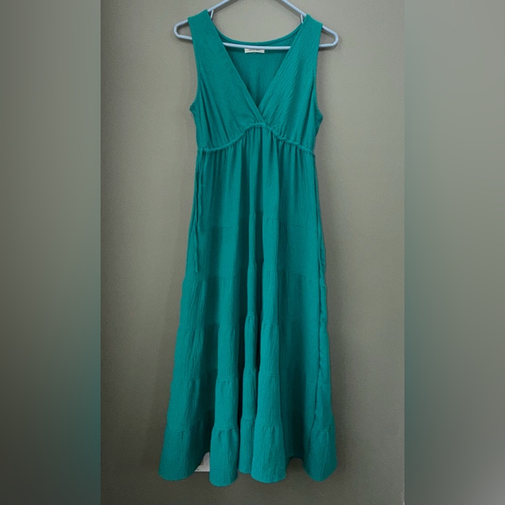 Max Studio Tiered Peasant Maxi Dress sz Small Teal / Green Like New - Picture 2 of 7